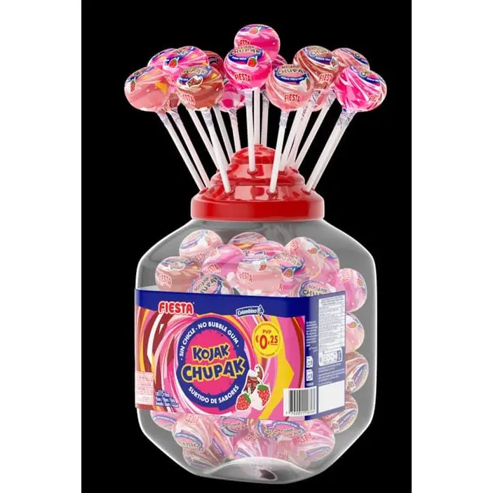 Chupa kojak fiesta without gum assorted cola, strawberry and strawberry with cream flavor, 115 units, sugar free, gluten free, natural colors – colombina brand