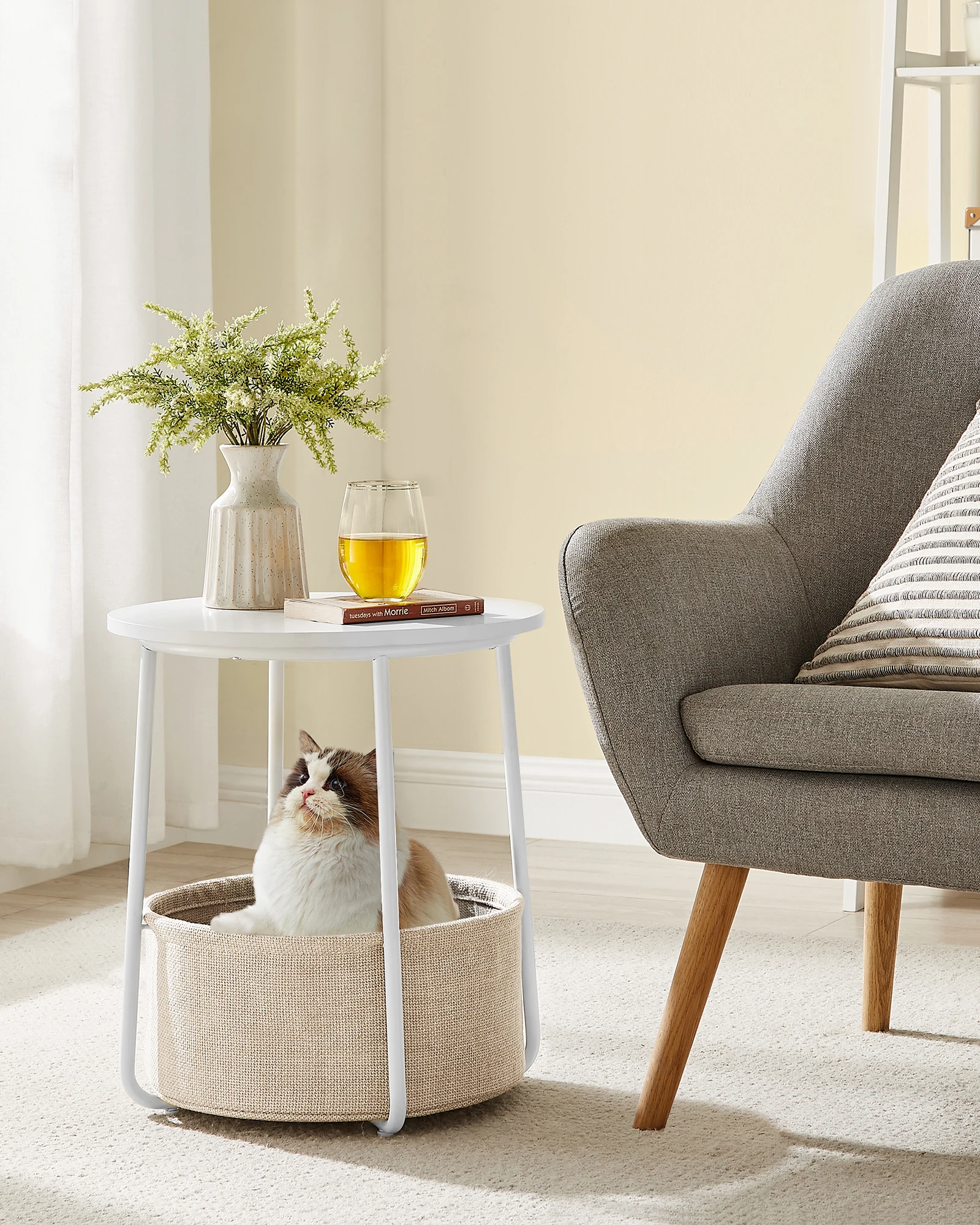 Vasagle side table, round side table with fabric basket, spacious, for living room, bedroom, nightstand, modern style, matte white and brown camel/pale blue/ice blue/natural beige and cream white/cement gray and cream white/black and
