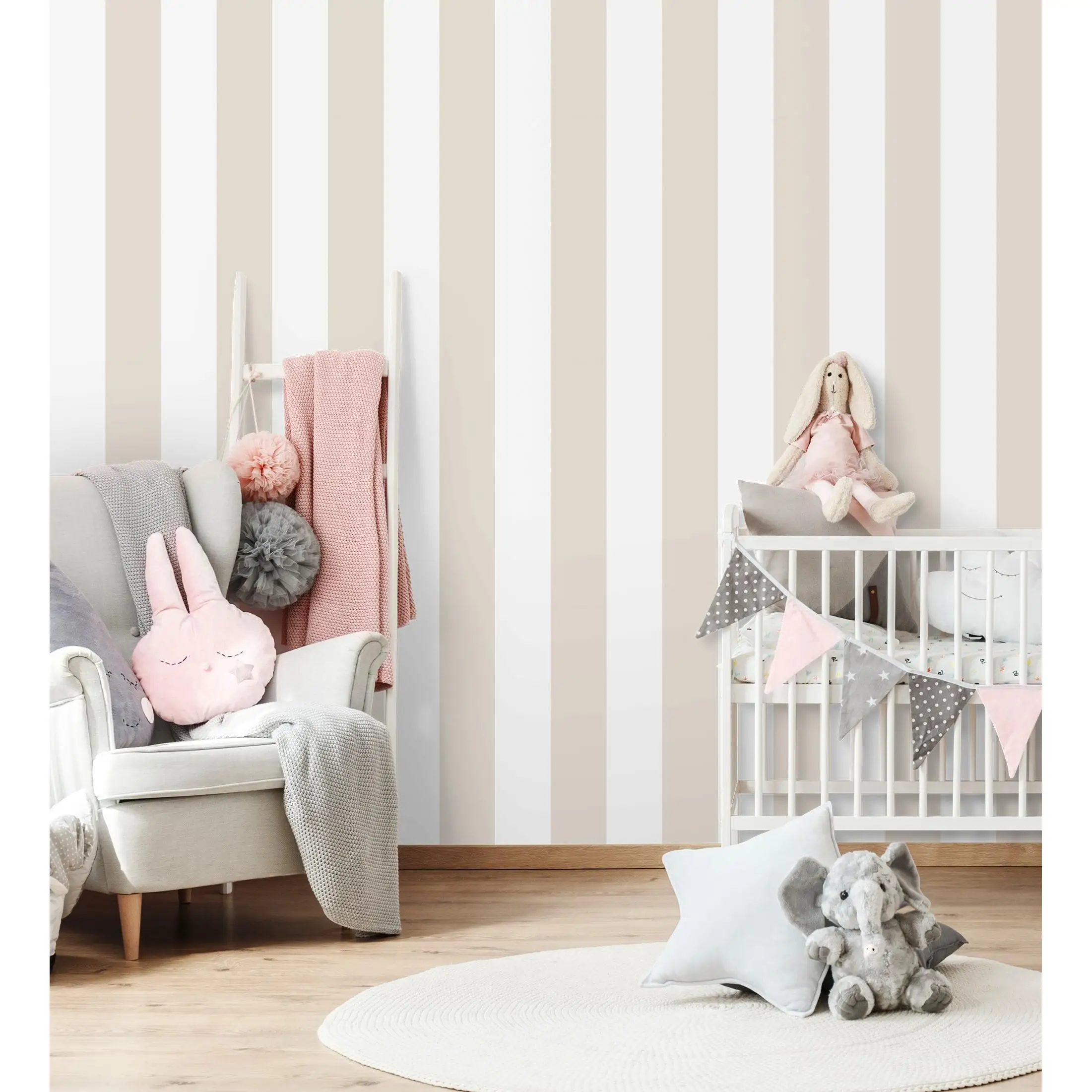 Wide striped beige and white-stripe Silky 680225 of GAULAN-10 m x 0,53 m Roll Children's wallpaper