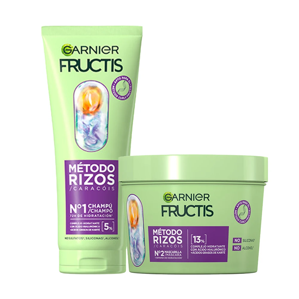Garnier Fructis Método Rizos Champú, Pre-Champú, Mascarilla y sérum para Rizos Hidratados durante 72h