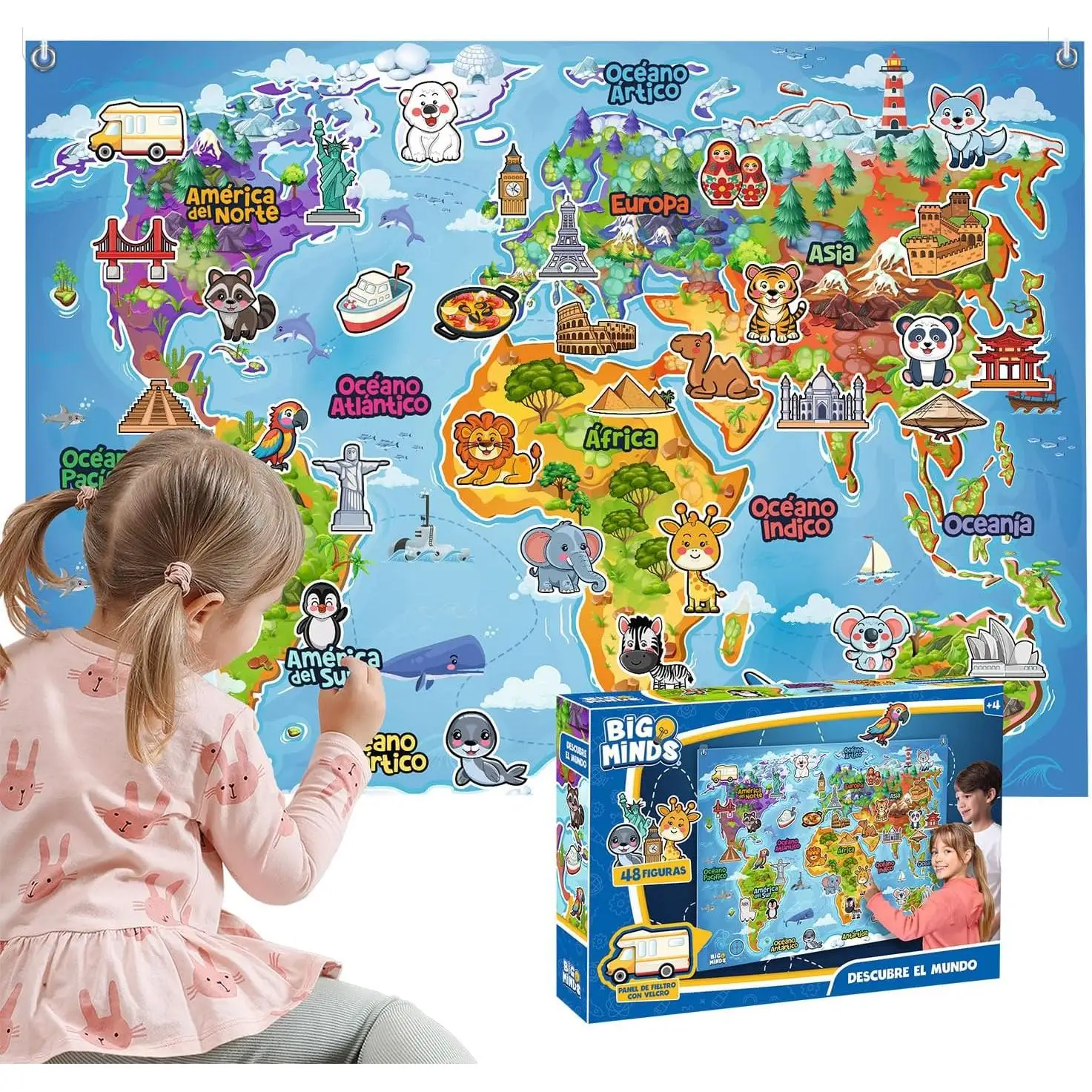 Big Minds - Descubre el Mundo en Español: Panel de Fieltro 91x66cm con 48 Figuras Interactivas, Juego Educativo Montessori para Niños 4 Años, Mapa Mundial Decorativo con Guía Didáctica