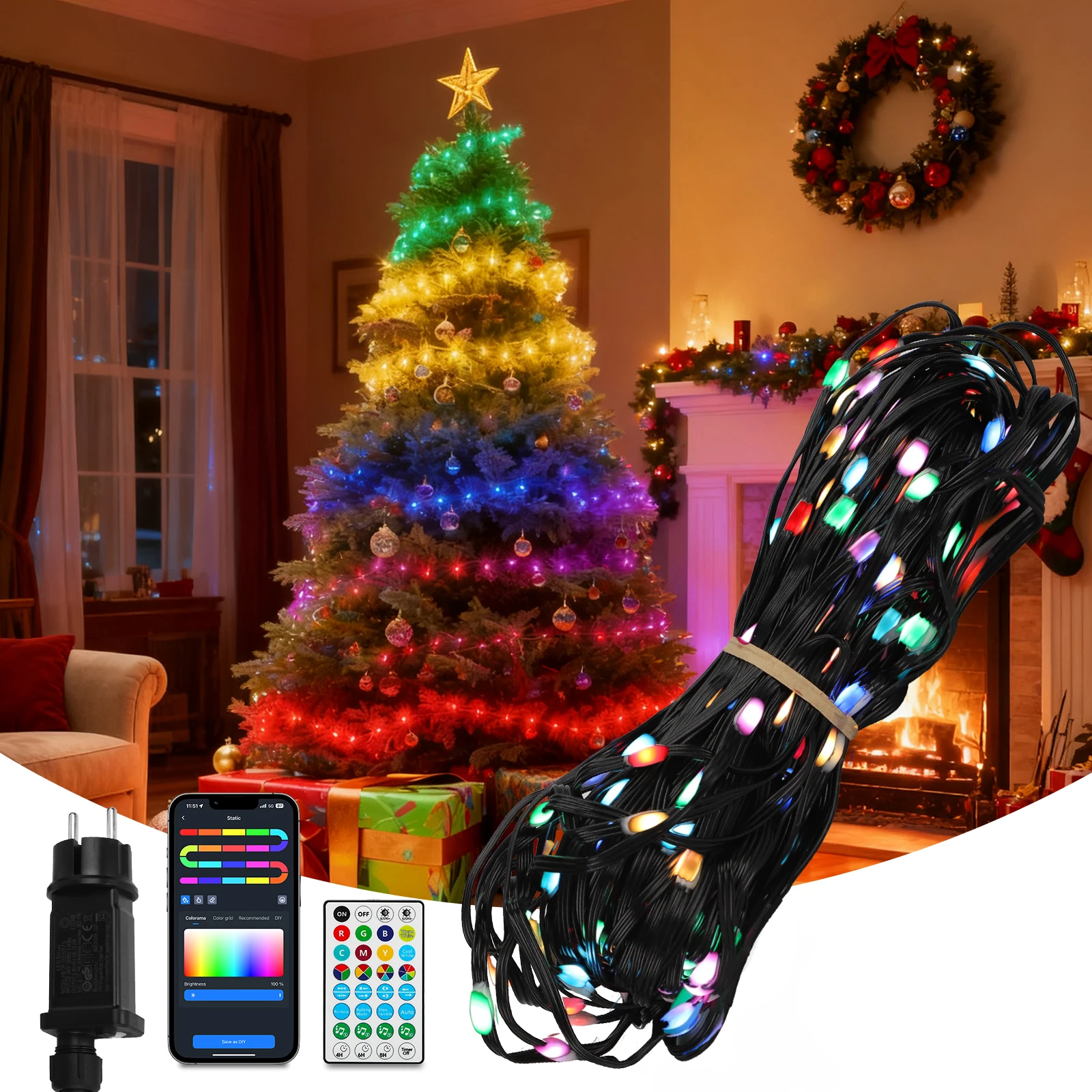 Aigostar Luces Navideñas Inteligentes RGBIC, Tira LED 10M 100LED, Control por Segmentos, APP y Mando, Sincronización Musical, 39 Efectos Dinámicos, 150 Escenas, Impermeable, para Decoración de Fiestas
