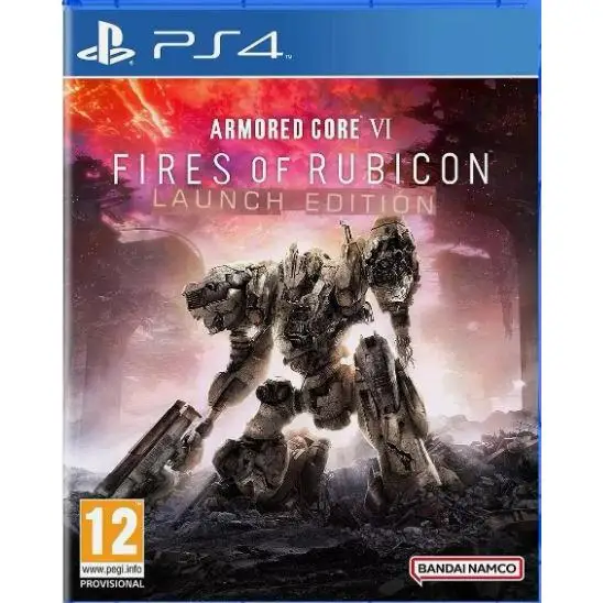 Armored Core VI Fires Of Rubicon Launch Edition for PS4/PS5, includes base game, 3 art cards, 3 exclusive stickers, and a poster, delivering an adrenaline-pumping mech combat experience with dynamic maneuverability in immersive 3D environments.