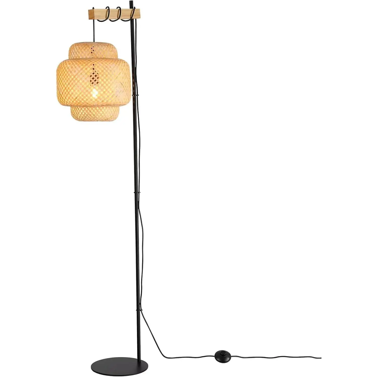 ALPINALUZ  Lámpara de Pie "ANJA" de Madera y Mimbre con Pantalla de Bambú, Interruptor de Pie y Diseño Moderno para Sala o Cocina