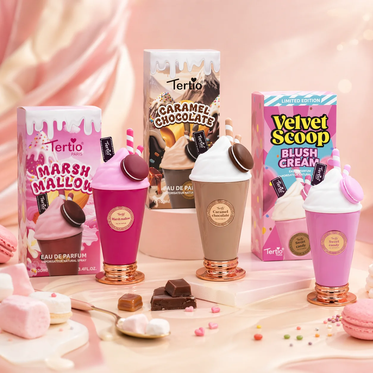 Set de 3 Perfumes Gourmand para Mujer Tertio Paris - 3x100 ml Eau de Parfum Dulce y Femenino, Edición Especial Cremosa con Aromas Caramel Chocolate, Marsh Mallow y Velvet Scoop Blush Cream
