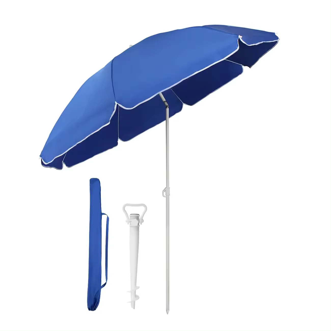 Juego Sombrilla playa+ pincho antiviento 180 o 200 cm, protección UV50 y revestimiento plateado, 8 varillas fibra de vidrio, mástil inclinable Ø28/32 mm incluye funda con asa,pincho color se envía al azar.