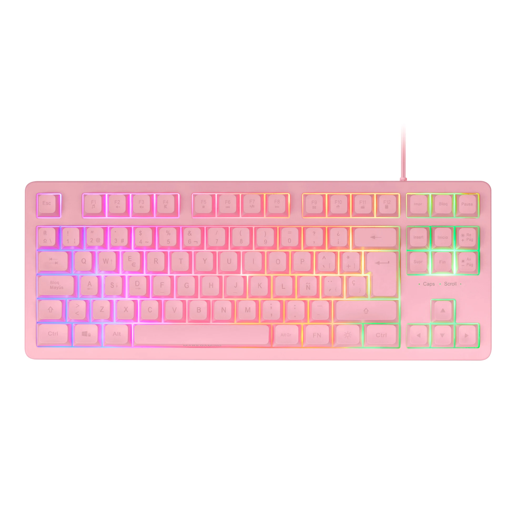 Mars Gaming MK023, Teclado Gaming TKL, Tecnología Híbrida H-Mech, Iluminación FRGB Rainbow, Anti-ghosting, Compatibilidad Universal, Tecaldo Rosa con Idioma en Español o Francés