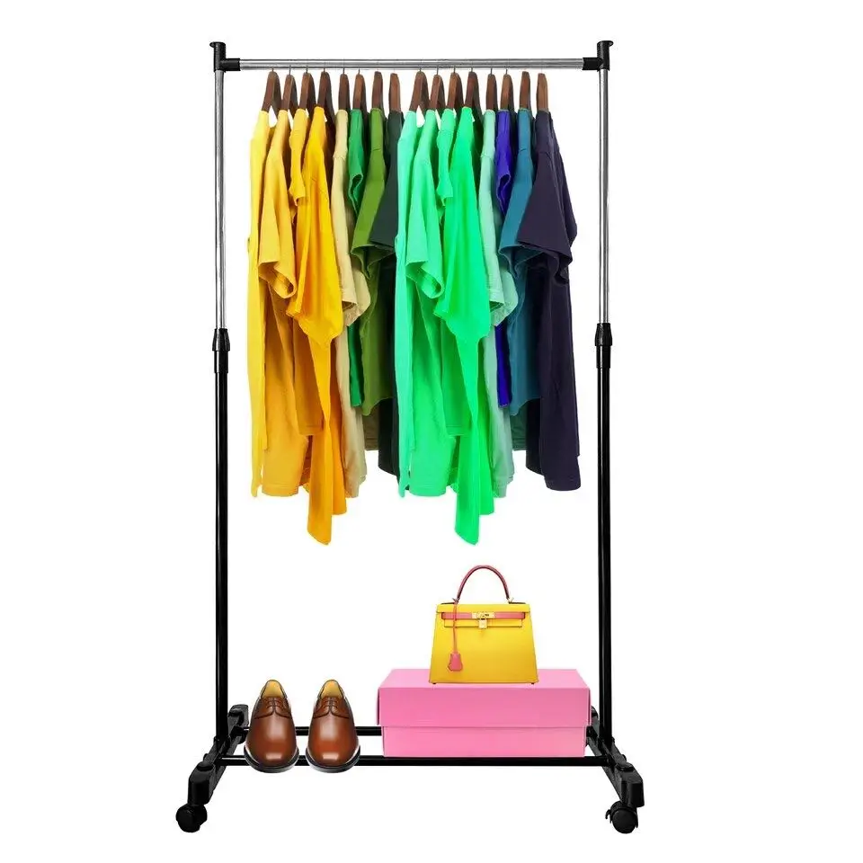 Perchero de Pie con Ruedas Estructura Metalica Extensible 82x42x90-160cm, organizador de dormitorio y salón, perchero de ropas y zapatos