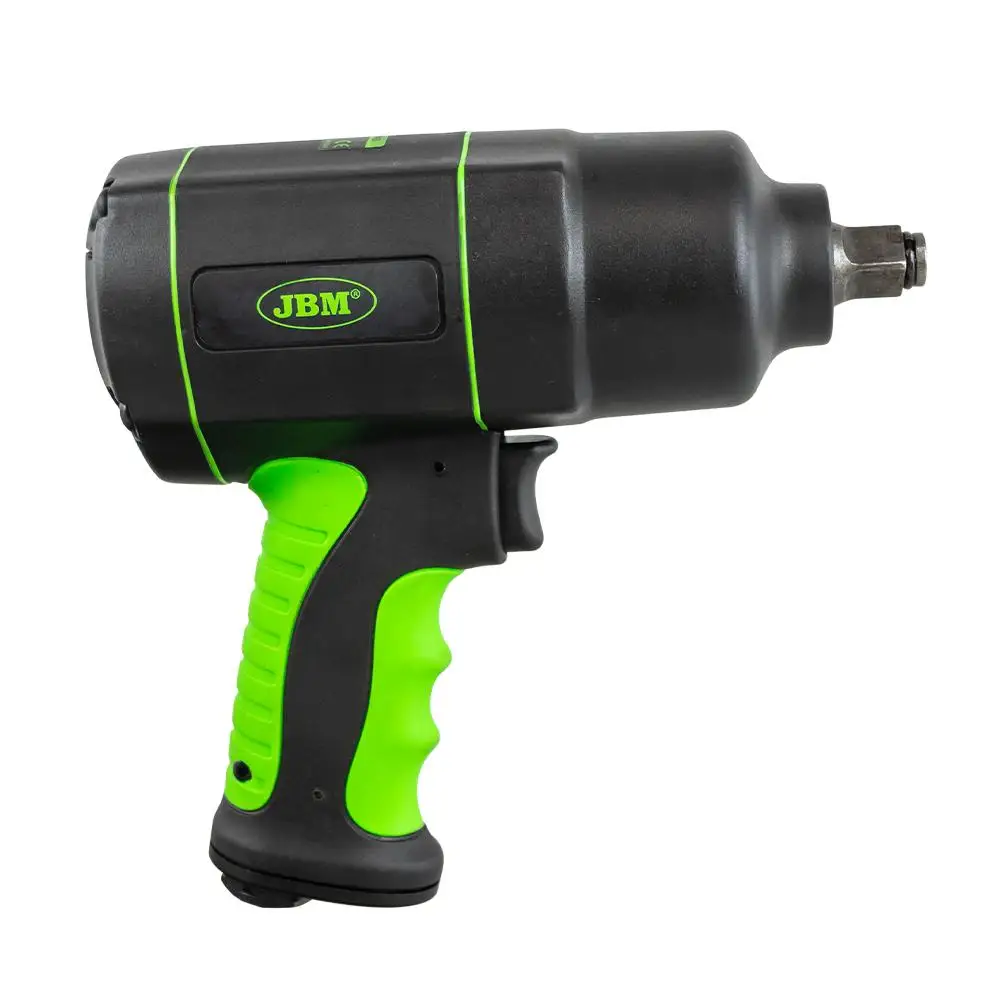 JBM 53608 1/2 1200NM Impact Gun. Double hammer mechanism. 4 speeds. 7500RPM 1200NM 90 PSI 185mm long 107dBA 6,5 cfm (183,9 l/min). Light weight: 2kg. Ergonomic grip.