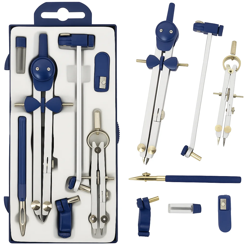 Compas Dibujo Tecnico Profesional - Compás Escolar de Precision con Rueda de Ajuste Bachillerato y Secundaria - Compasso Escolar Dibujo Tecnico de Metal - Compas Grande Dibujo Técnico y Plastica Azul