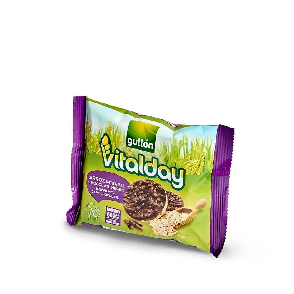 Productos Gullón - Vitalday Tortitas Arroz y chocolate, Sandwich choco sin gluten, Crackers Semillas, Vitalday Yogurt, Mini Bites, Diet Fibra Choco, Choco Chips Negro, Choco Digestive, Moment Choco Star