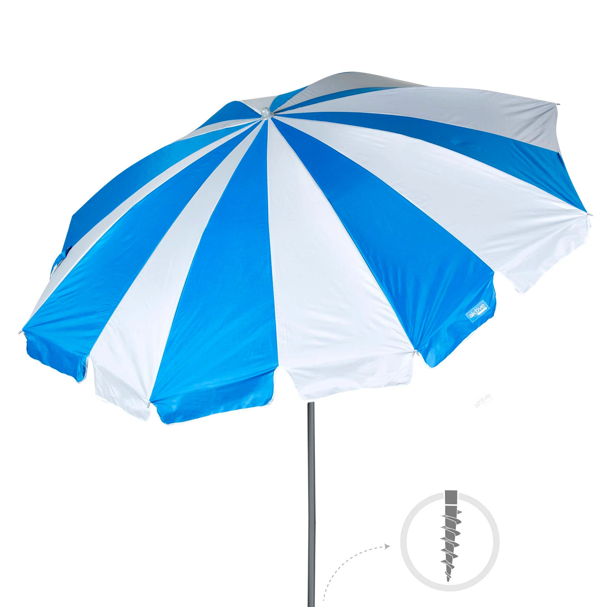AKTIVE, Sombrilla playa grande, Franjas azul y blanco, Protección UV50, Mástil acero, Inclinable y regulable en altura, Tejido poliéster Oxford, Sombrilla para la playa, Sombrillas grandes, Sombrilla