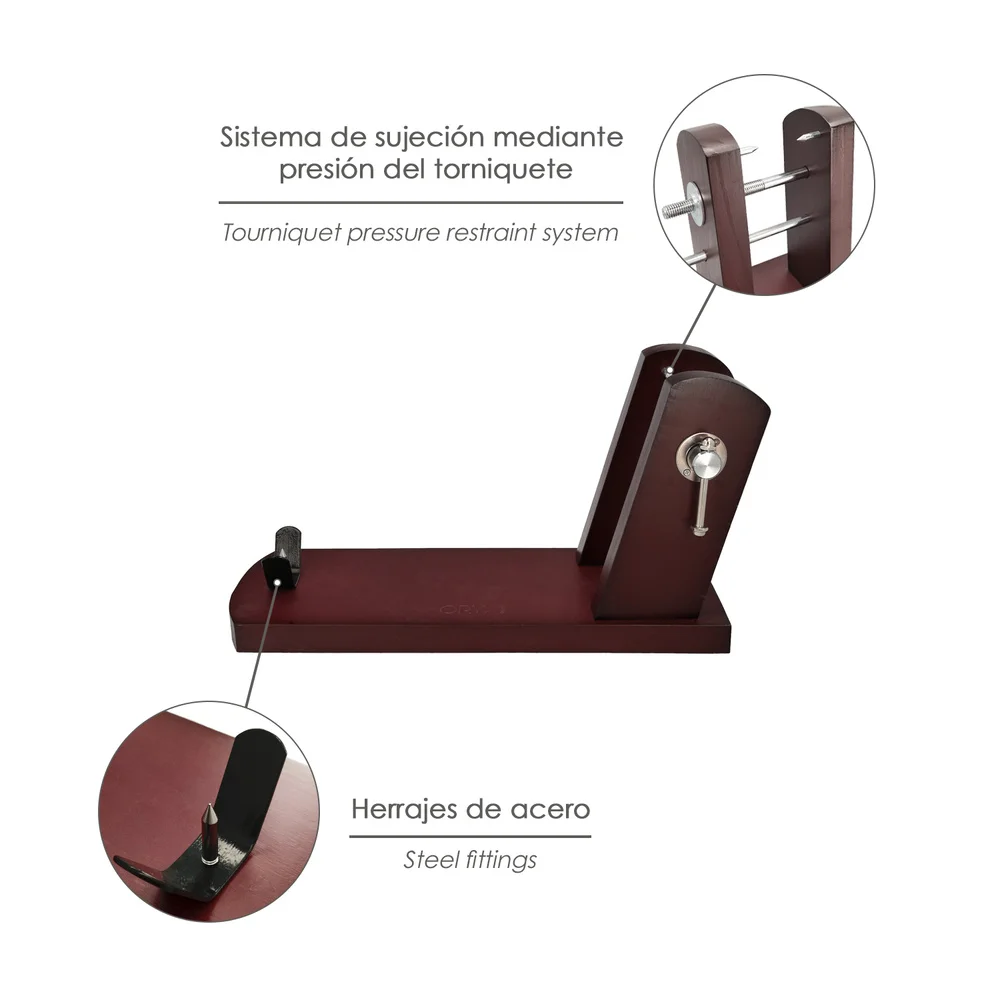 Ham Holder Reserva - Wooden base with iron support, measures 46.5x18.5x25 cm, made of pine wood and steel, perfect for gourmet slicing and serving ham in your kitchen.