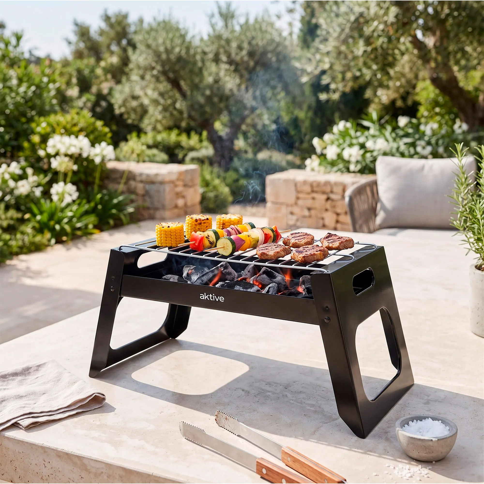 Barbacoa de carbón portátil Aktive | 46x22x22 cm, acero esmaltado 🔥