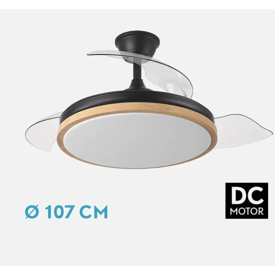 FABRILAMP PREMIUM Ventilador Dc Evros 72w 6120lm Negro/haya 107d 3asp.desplegables 3000-4000-6000k Remoto+temp+memoria Incluye mando a distancia y dos tijas de 10 y 25 centímetro Productos originales calidad de confianza