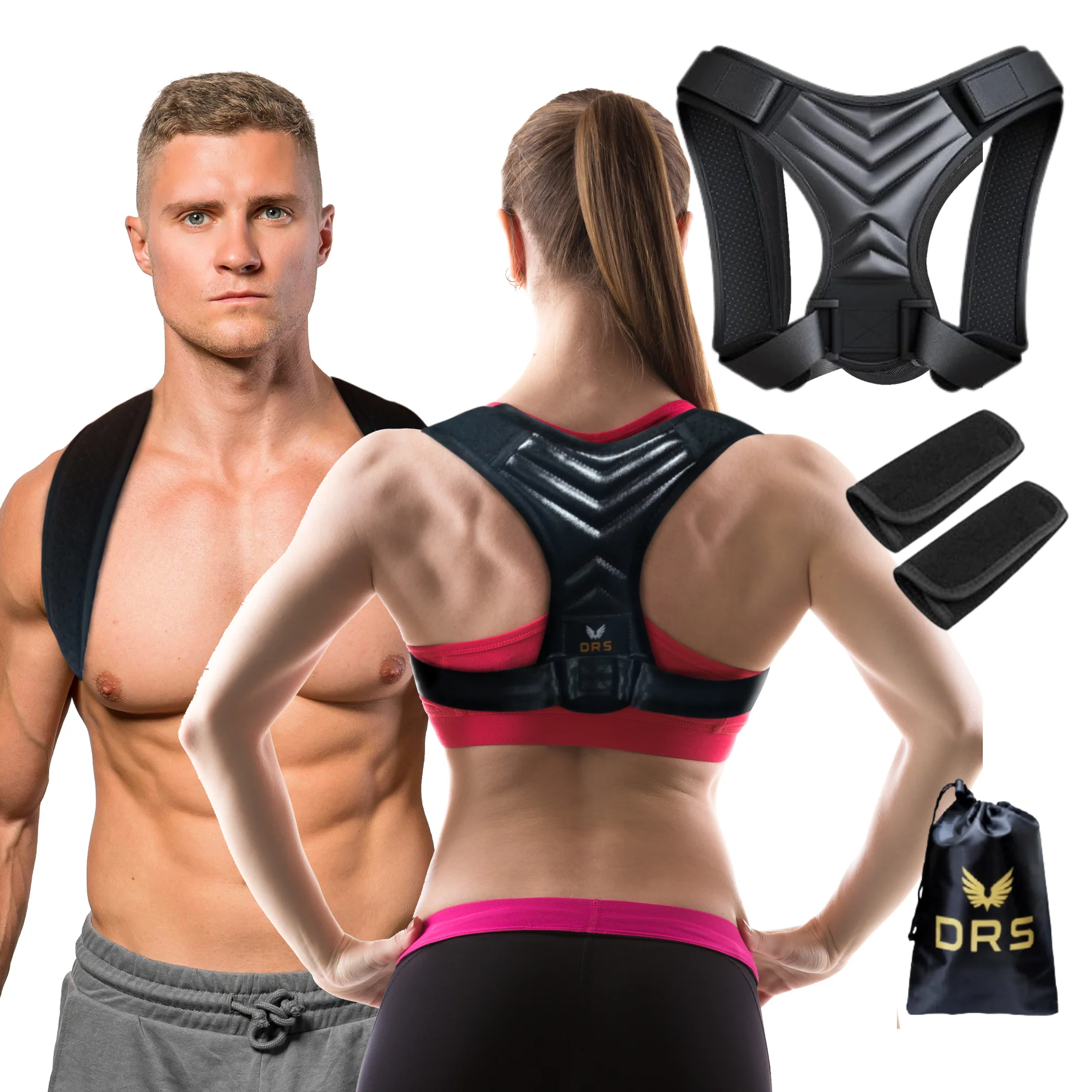 Posture Corrector Back Support DRS Products - Adjustable, Breathable, Ergonomic Design for Back, Neck, Shoulders Relief in Sizes M, L, XL with Cushioned Pads and Carry Bag. Ideal Back Posture Corrector for Men, Women, and Children.