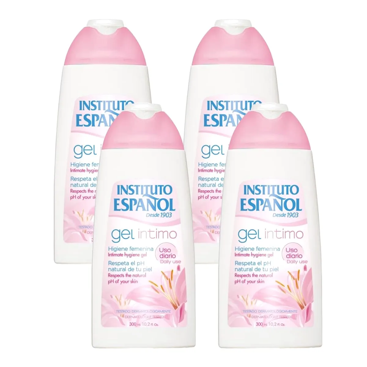 INSTITUTO ESPAÑOL Pack de 4 Geles Higiene Femenina Zona Intima Uso Diario 300 ml (1200 ml en total)