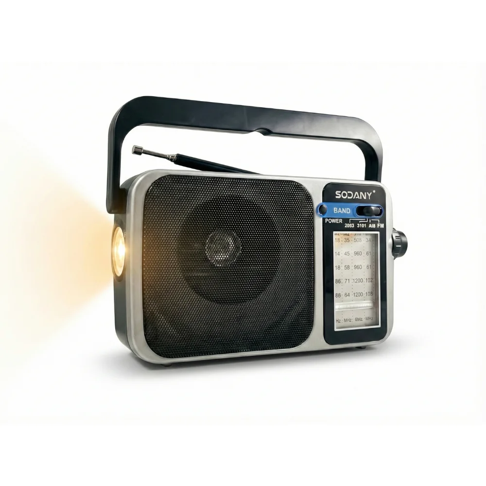 Radio Portátil SODANY AM/FM/SW con Linterna LED, Recargable 1200mAh, Gran Recepción, Jack 3.5mm, Ideal Camping y Hogar