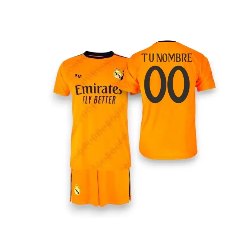 Real Madrid Conjunto Camiseta y Pantalón Personalizado de la Segunda Equipación Temporada 2024-2025 - Réplica Oficial Autorizada con Licencia - Niño (FR/ES, Edad, 4 años, Regular, Naranja)