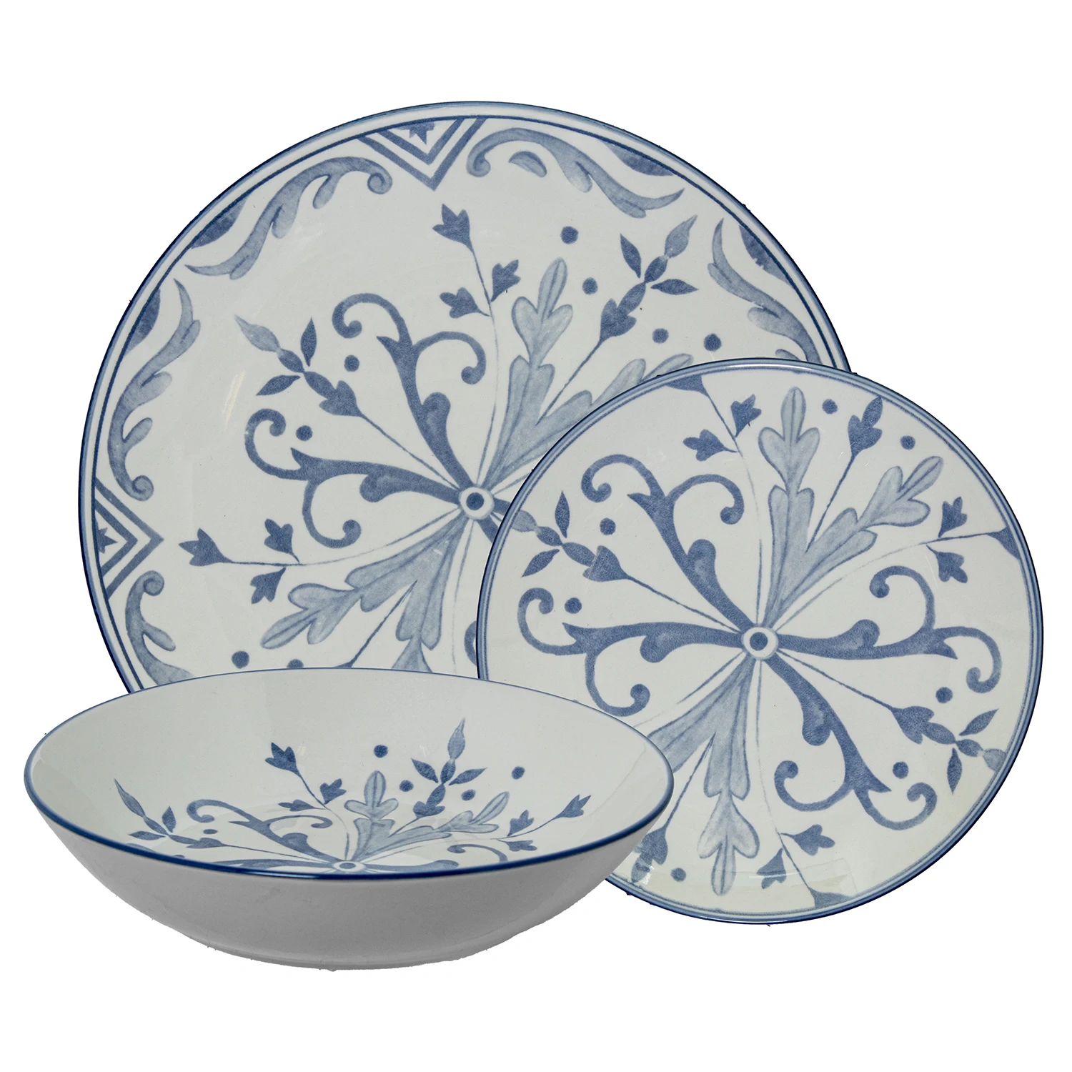 Vajilla 18 pzs porcelana blanco decoración azul 6x26cm y 6x20cm y 6x19cm