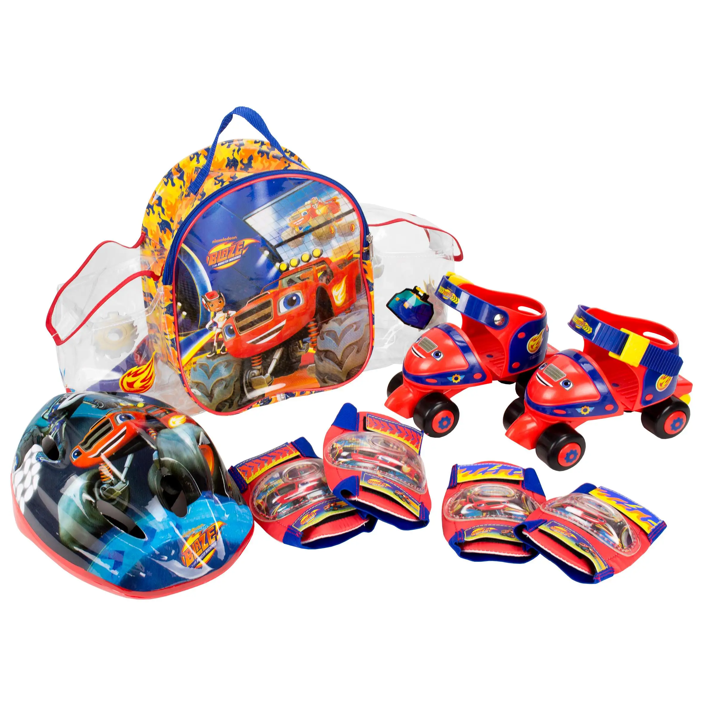 Mochila de Patines Infantiles Roller de 4 ruedas,Casco y Protecciones,con diseños de Blaze and the Monster Machines (2139)Patines tallas ajustables 24-29. Compuesto por rodilleras y coderas. Set