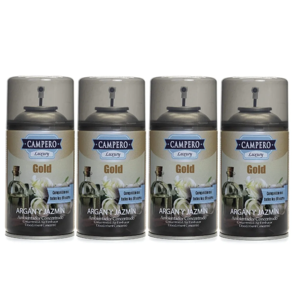 CAMPERO Tronic Luxury, Ambientador Gold Argán y Jazmín En Aerosol 250ml, Pack 4 Recambios, Dosificador Automático, Apto Para Todos Los Difusores Del Mercado, Aroma Intenso y Duradero
