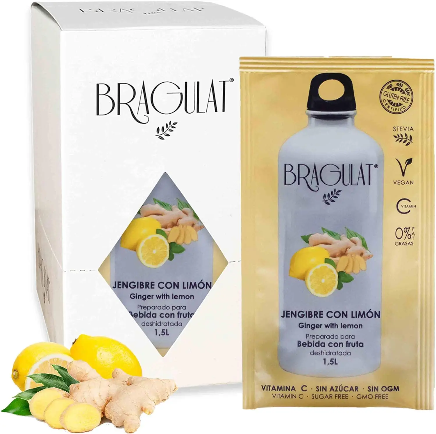 BRAGULAT | Bebida de Frutas con Jengibre y Limón | Bebidas y Refrescos Instantáneas en Polvo | Sin Azúcar y con Vitamina C | 15 Sobres