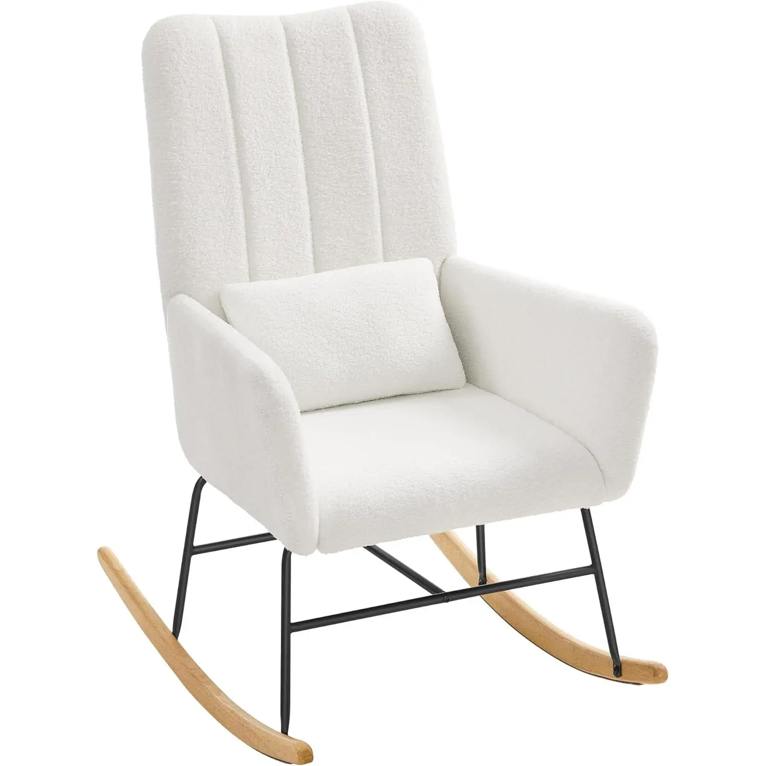 SONGMICS HOME Silla Mecedora, con Reposabrazos, Reclinable, Cubierta de Vellón, Marco de Acero, Patas de Madera de Caucho, Carga de 160 kg, para Dormitorio, Salón, Blanco Crema/Gris Pizarra