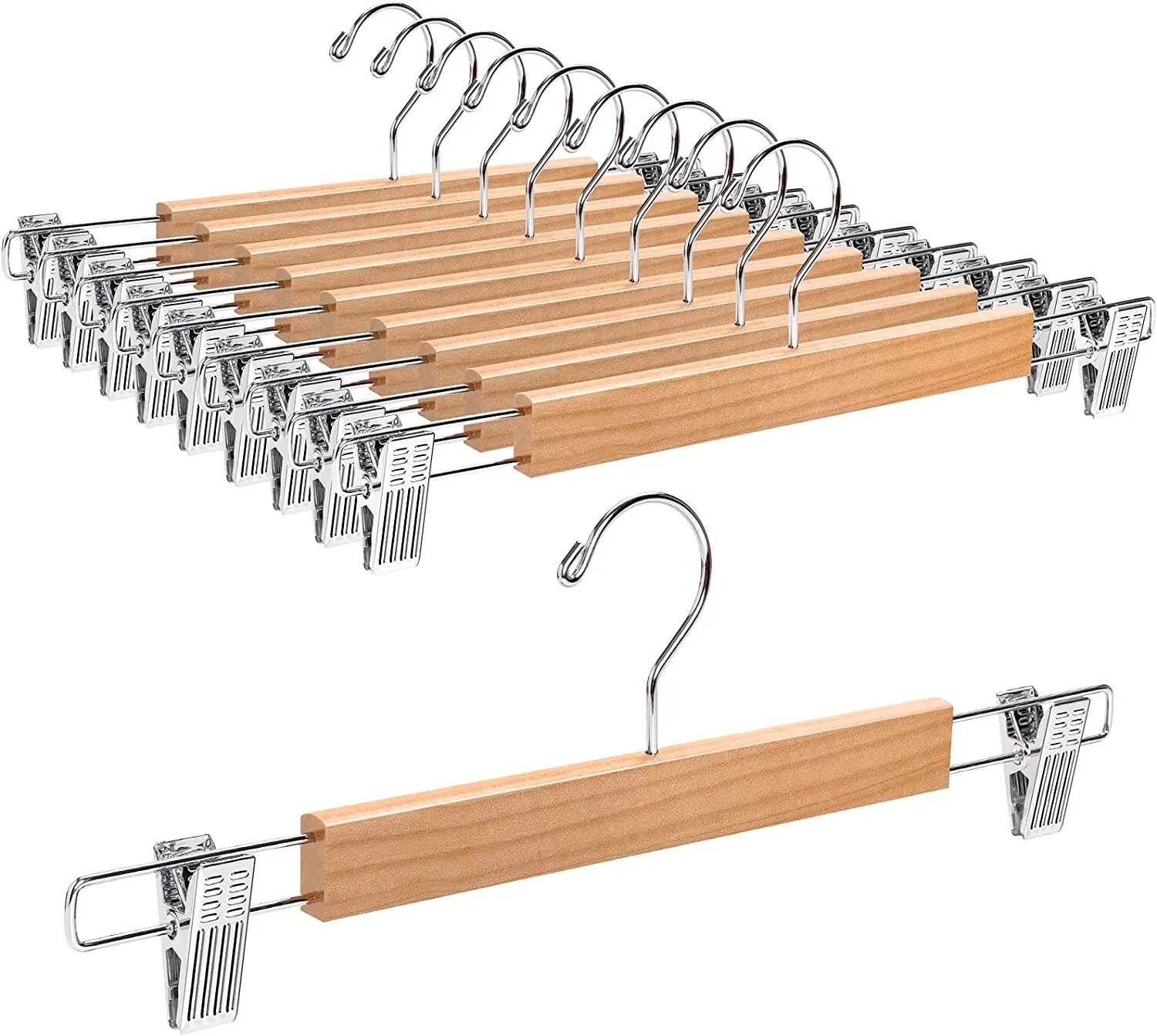 Wooden Clothes Hanger with Clips - 31cm Length, 1.2cm Thick, 360° Rotating Hook, Non-Slip Rubber Padding, Suitable for Pants, Shorts, Skirts, and Undergarments, High-Quality Metal and Wood Construction, Set of 10