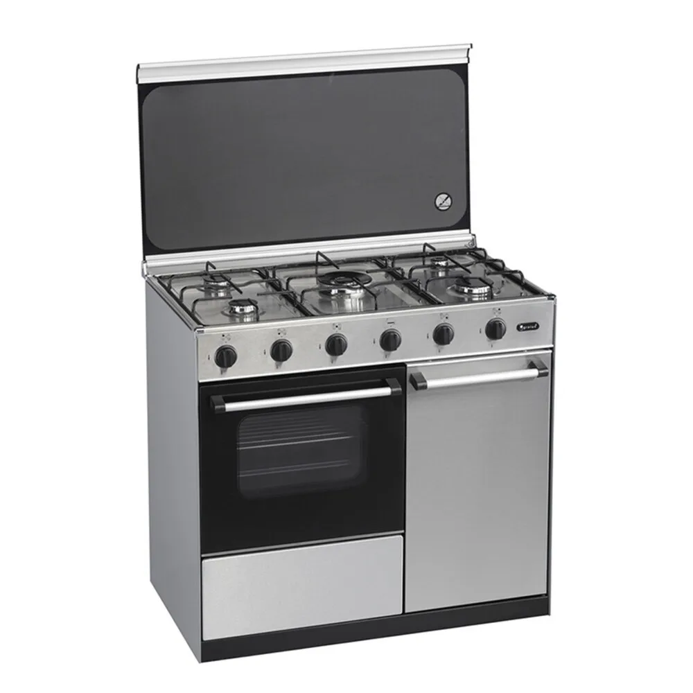 Gas stove Gralux FQ5200/1 GX with 5 burners, stainless steel design, features an oven with glass door and adjustable feet, perfect for outdoor cooking and camping activities.