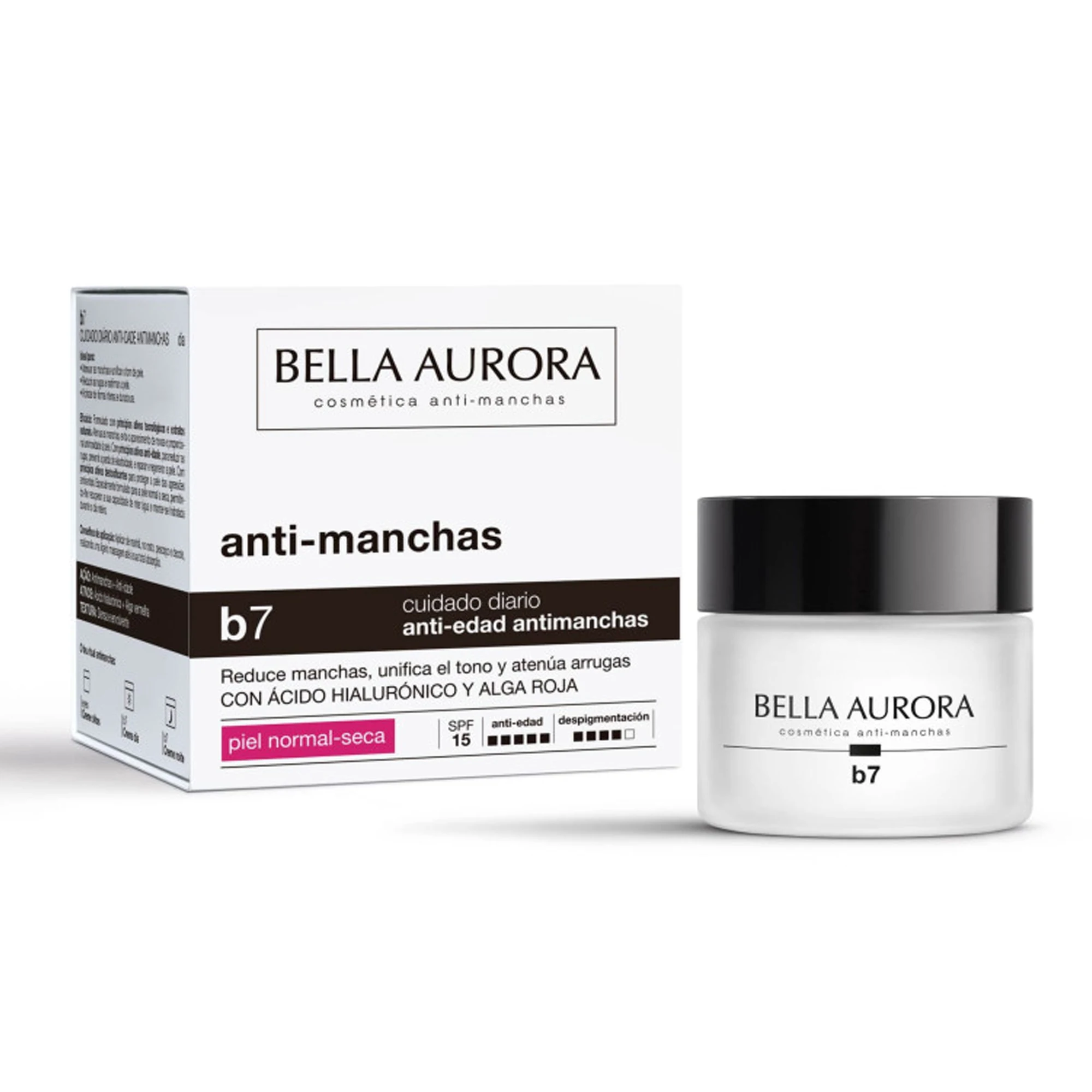 BELLA AURORA - B7 Crema Antimanchas y Antiedad 50 ml, para Piel Normal-Seca, Protección SPF15, Reduce Manchas, Unifica el Tono y Atenúa Arrugas, con Ácido Hialurónico, Uso Diario