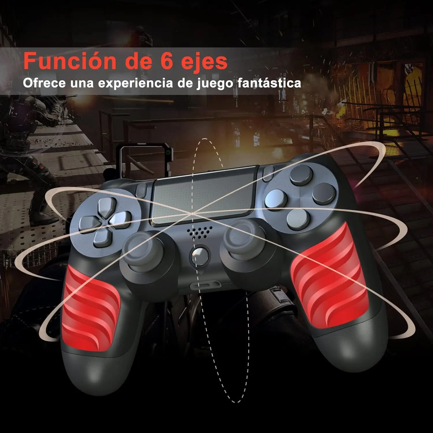 Wireless Controller for PS4, with double vibration, 6-axis motion sensor, and 1000mAh battery for up to 10 hours use; includes USB charging cable and thumb grips for enhanced gameplay experience.