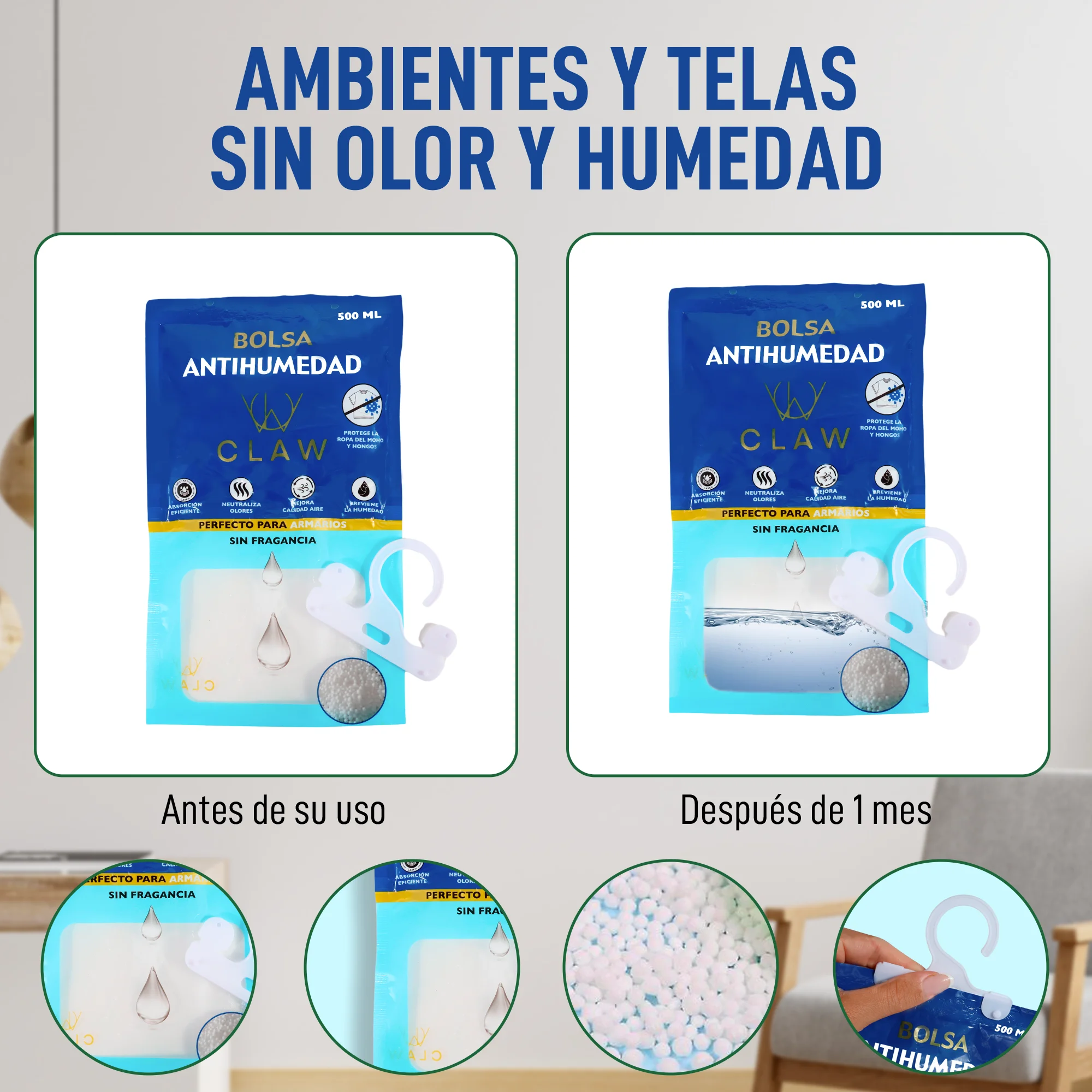 Claw project pack of 12 anti-humidity bags wardrobe clothes – dehumidifier hanging garage hanger – eliminates bad odors – moisture absorbent storage room, windows, boats - eliminate moisture room - neutralizes odors