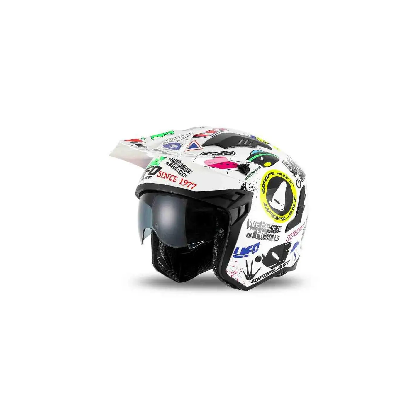 Casco Jet UFO Sheratan Trial Graphic Logos Blanco Brillo