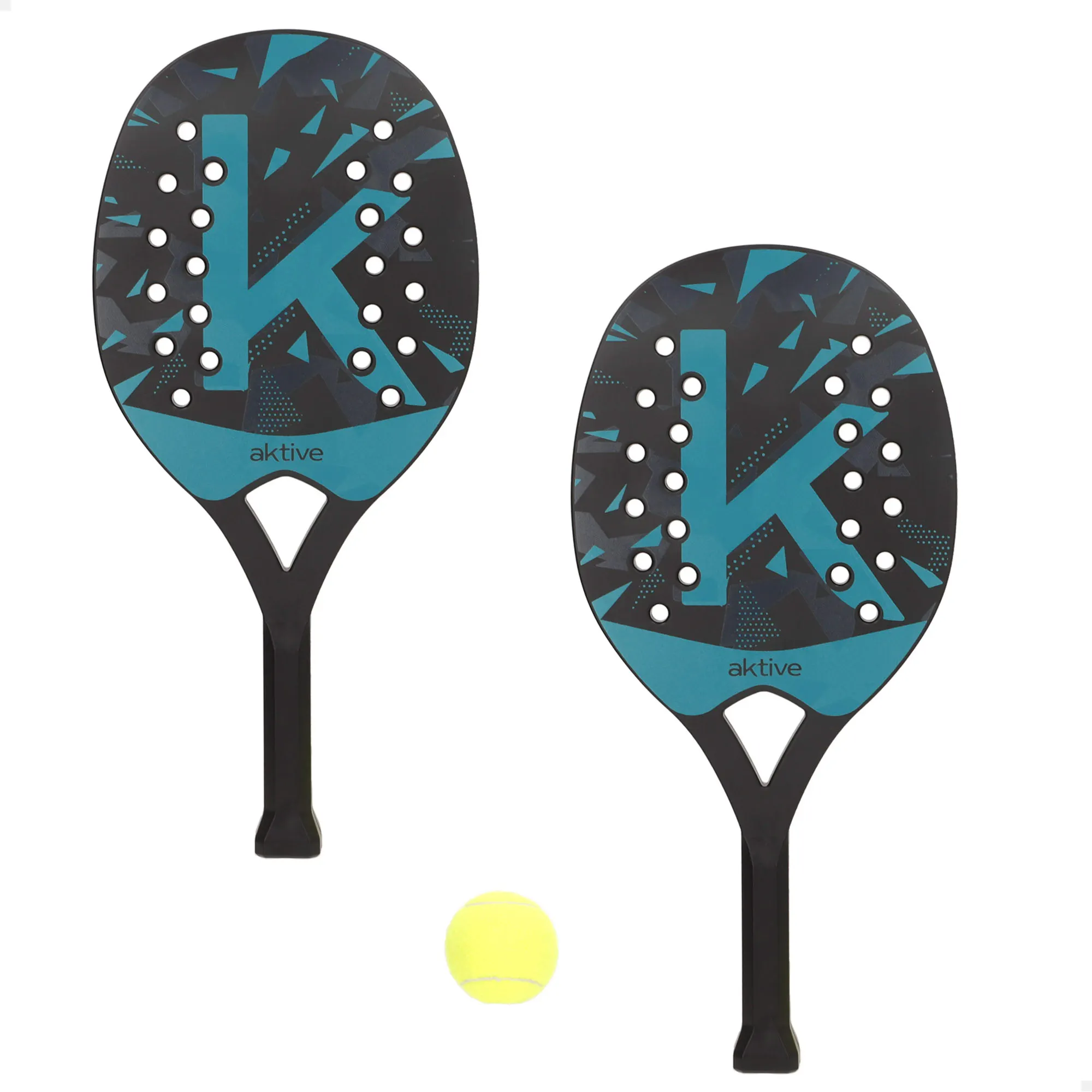Aktive - Set palas playa 3 piezas, 2 palas con diseño perforado y mango antideslizante, incluye pelota y bolsa de red para transporte, ideal para jugar en la playa o parque al aire libre, juego de