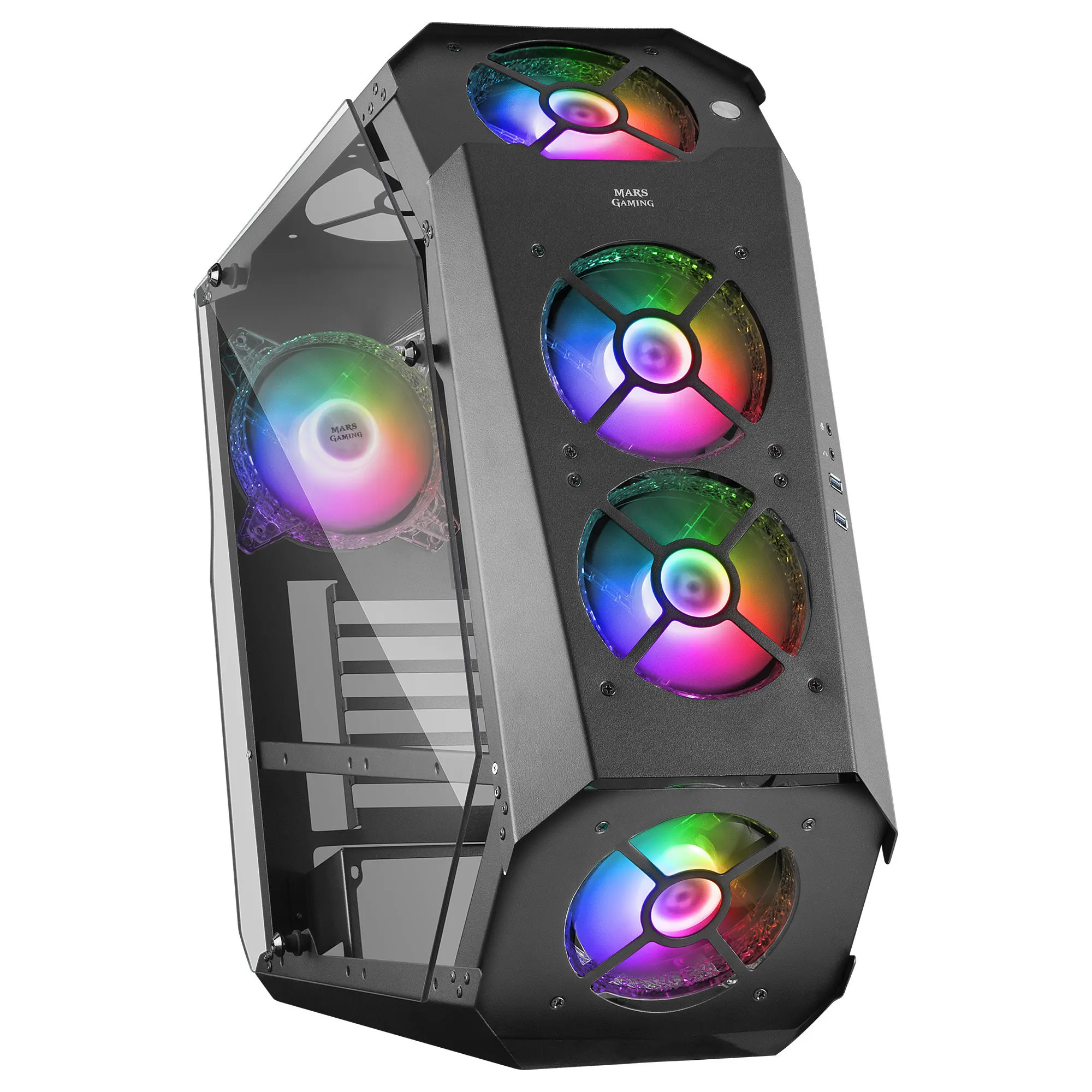 Mars Gaming MC51, Caja PC Gaming ATX, Diseño Vanguardista, Doble Ventana Cristal Templado, 5 Ventiladores Chroma RGB 12cm, Controladora ARGB con Mando a Distancia, Caja Premium Negro o Blanco