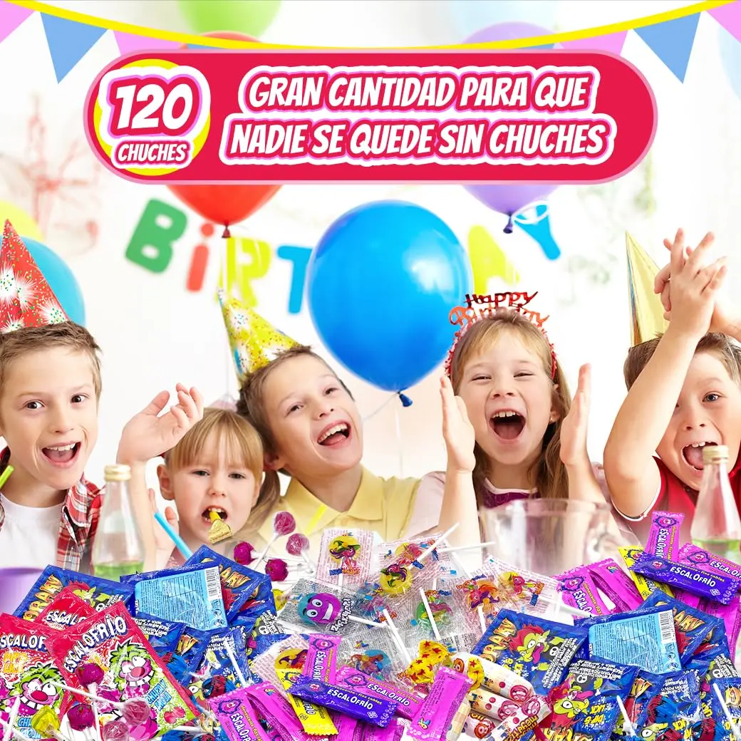 Mega Pack 120 birthday sweets. Piñata stuffed sweets. Gluten and lactose-free sweets. Gummers. Treats. Pack sweets. Piñata sweets. Children's birthday Piñatas stuffed sweets. Lollipops. Chills. Draculas. Bracelets. MANLOZ birthday