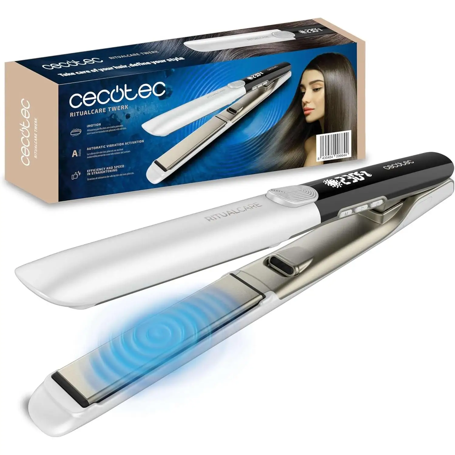 Cecotec Plancha de Pelo Profesional Con Cable Ritualcare Twerk. 65W, Tecnología de Placas Vibrantes, Temperatura Ajustable, Placas Queratina, Cable 360º, Pantalla LED, Bloqueo de Placas, Fina y Ligera