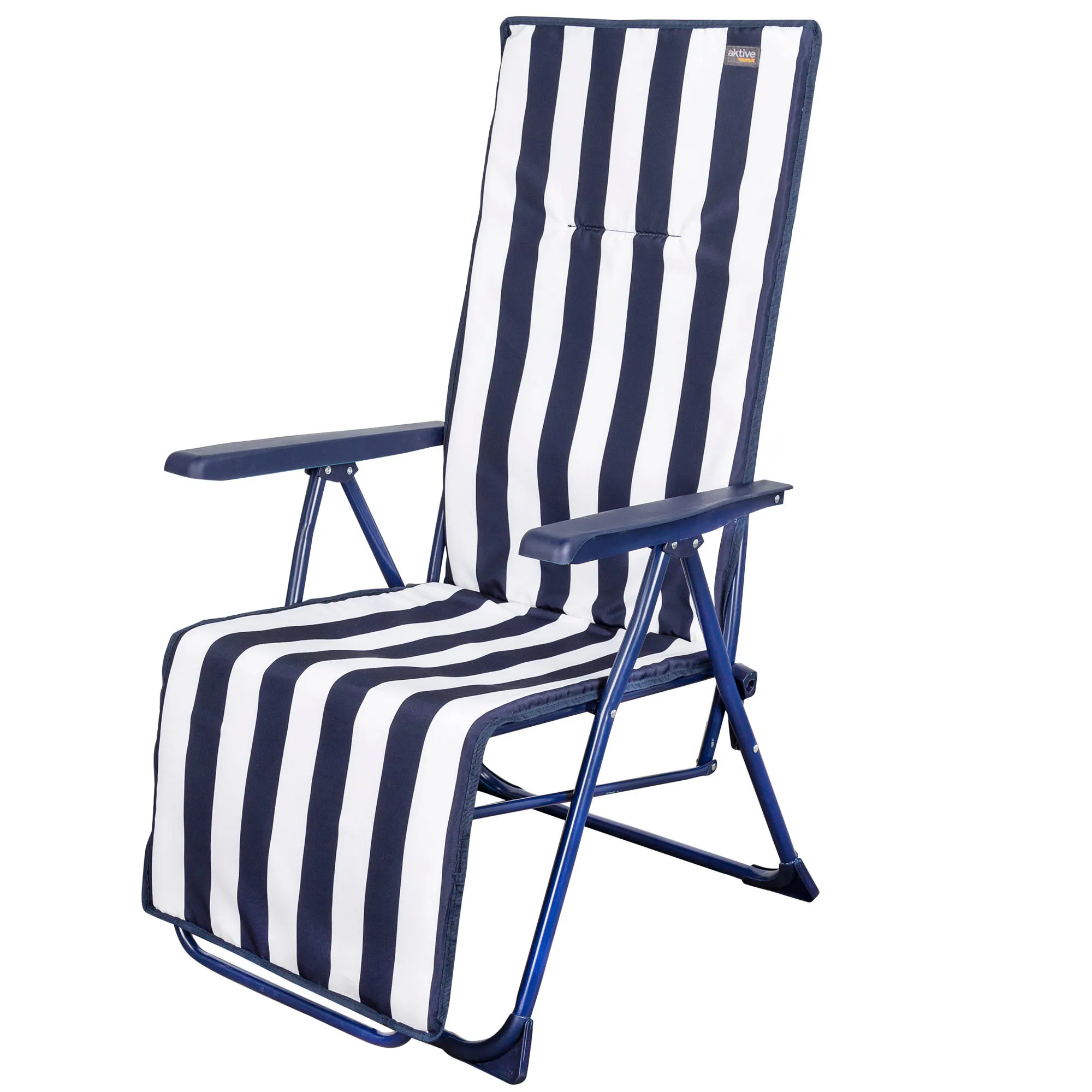 Tumbona plegable 5 posiciones rayas marineras Aktive Garden, Tumbona plegable de jardín, Tumbona reclinable, 5 posiciones, mide 147x48x70 cm, tacos antivuelco, color marino y blanco, peso máx 100 kg,