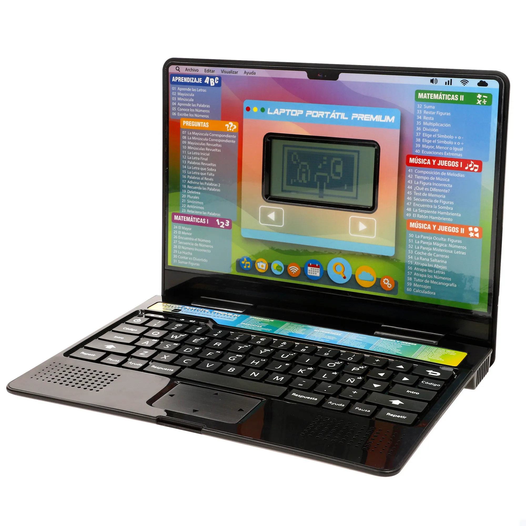 Winfun - Portátil infantil bililngüe, español e inglés, pantalla LCD luminosa, teclado funcional, 60 actividades interactivas, 5 categorías de aprendizaje, letras y palabras, juegos, matemáticas,
