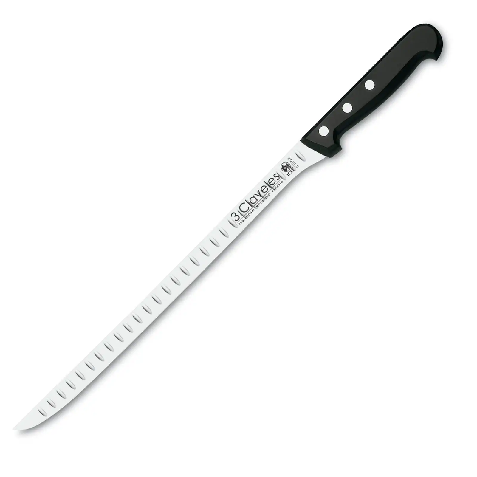 3 Claveles POM - Cuchillo Jamonero Alveolado Profesional 24 cm Acero Inoxidable
