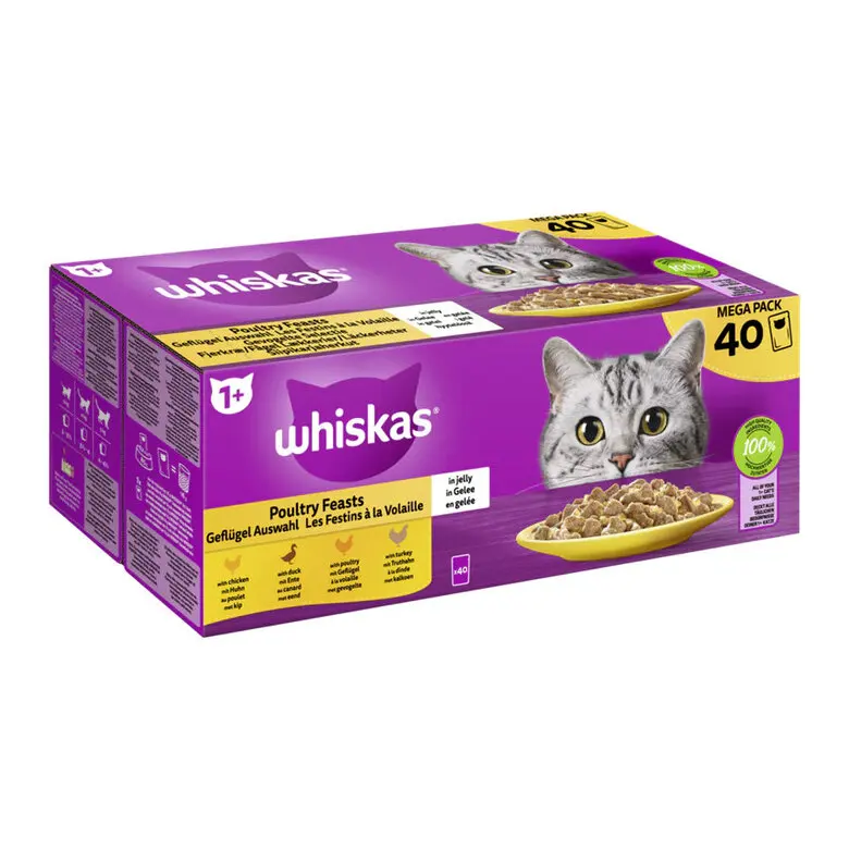 Whiskas 1+ Aves de Corral en Gelatina | Comida húmeda para Gatos - (40 Sobres x 85 g)