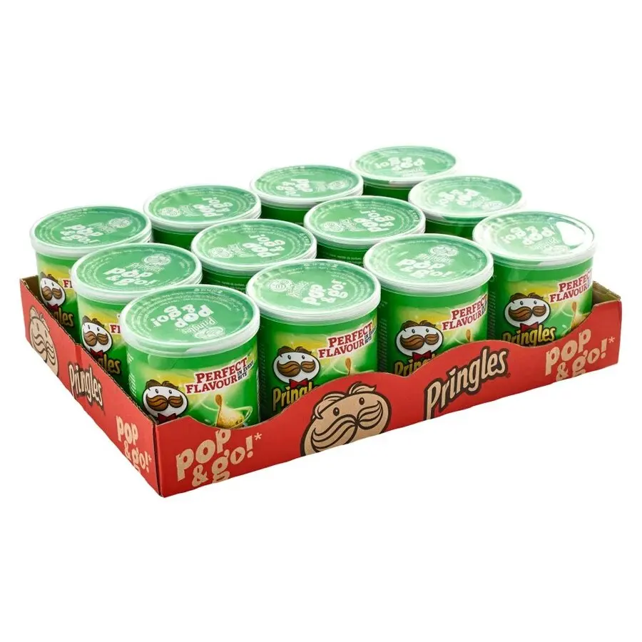 Patatas PRINGLES Sour Cream & Onion - Aperitivo de patata envasado en una pequeña y practica lata con tapadera para abrir y cerrar tantas veces como quieras. Sabor a crema ácida y cebolla. Bandeja de 12 latas de 40 gr
