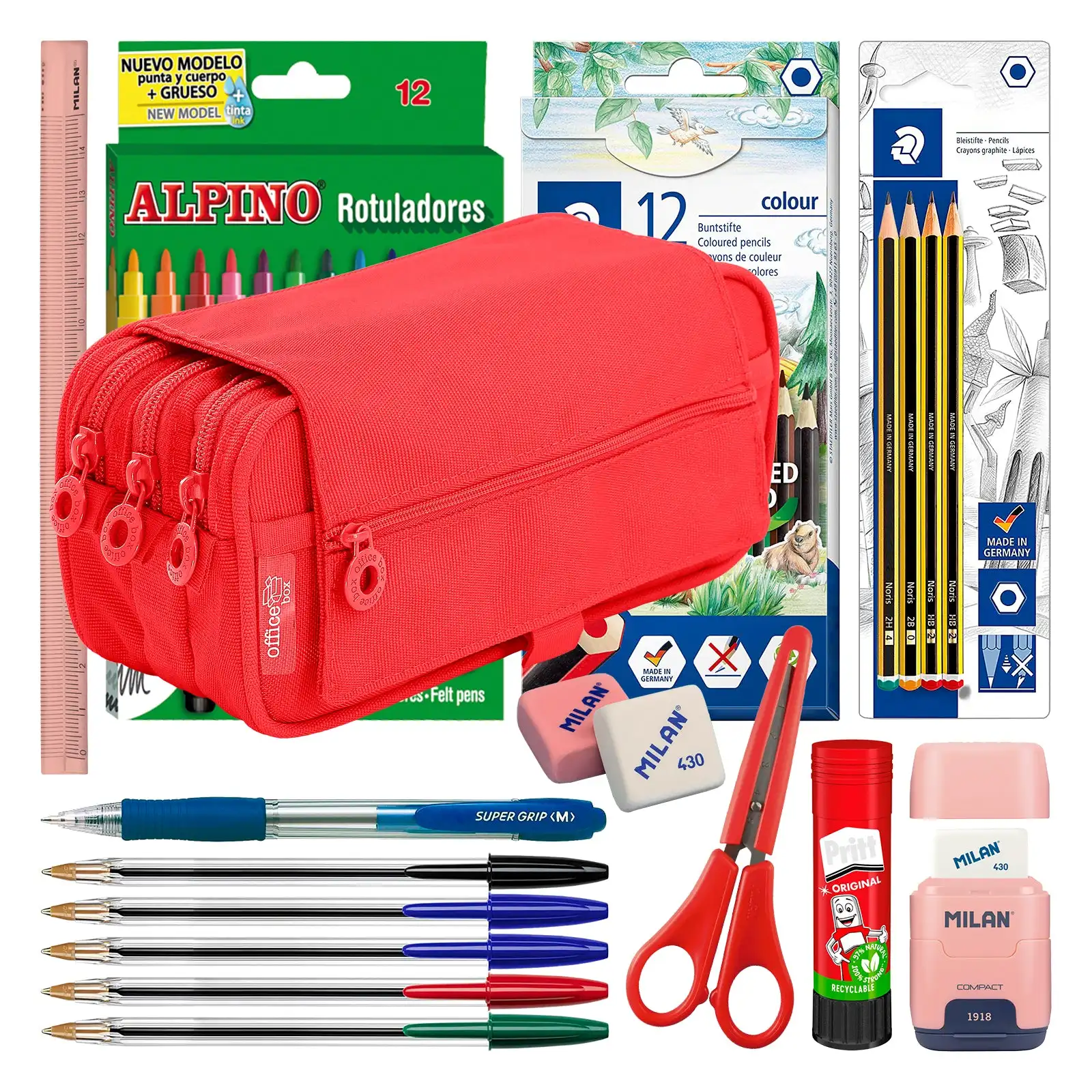 ColePack23 - Estuche Triple de 3 Cremalleras con Material Escolar Incluido. Rojo Coral