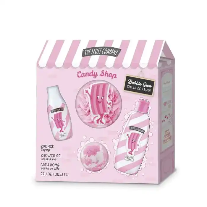 The Fruit Company Pack Regalo De Baño Chicle De Fresa con Sponge Bath Shower Gel & Bath Bomb Bomba de Tallo para Regalar