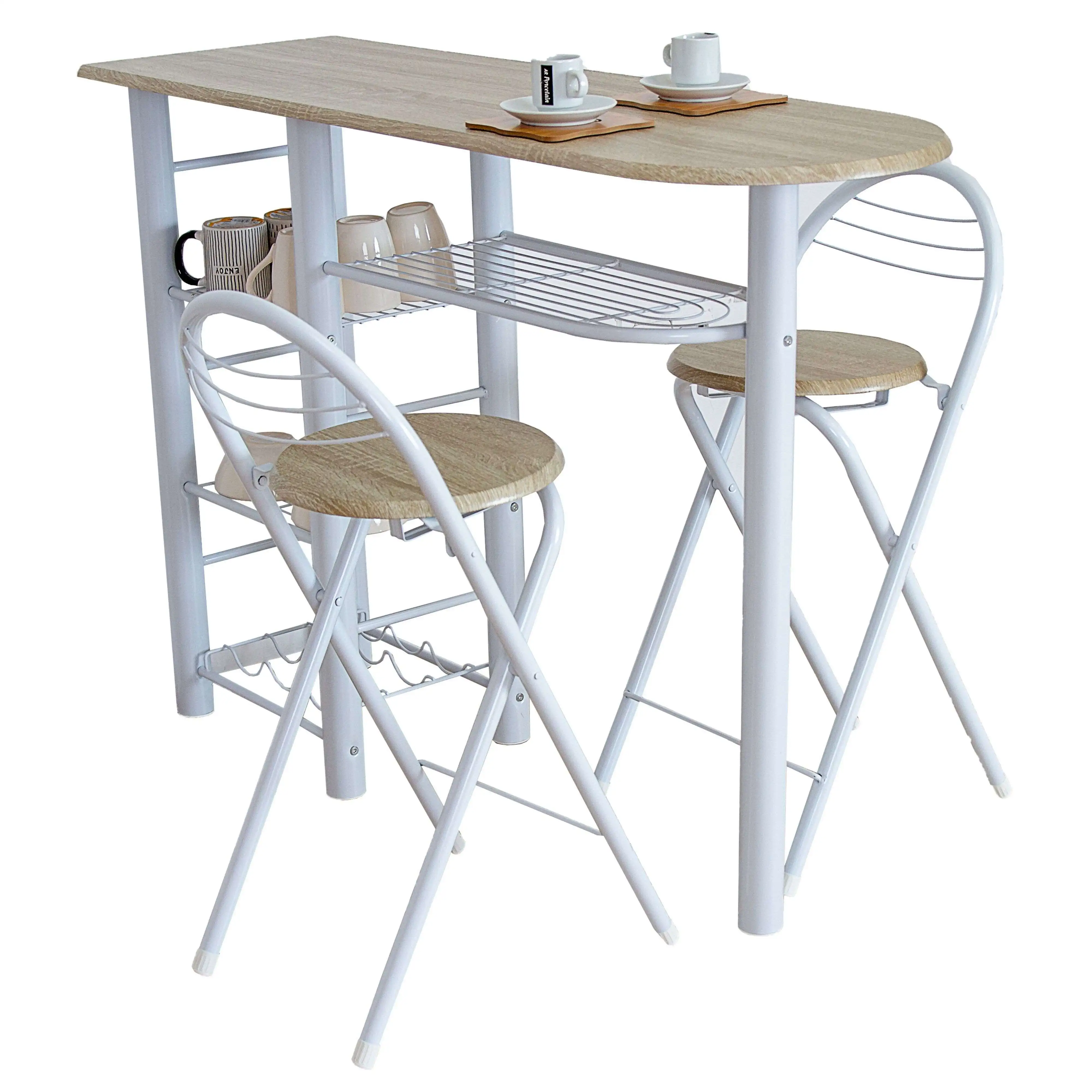 Mesa Alta de Cocina Office Negro/Roble, Roble/Blanco y Blanco/Plata Clara con 2 Taburetes Plegables 40x88x120 cm