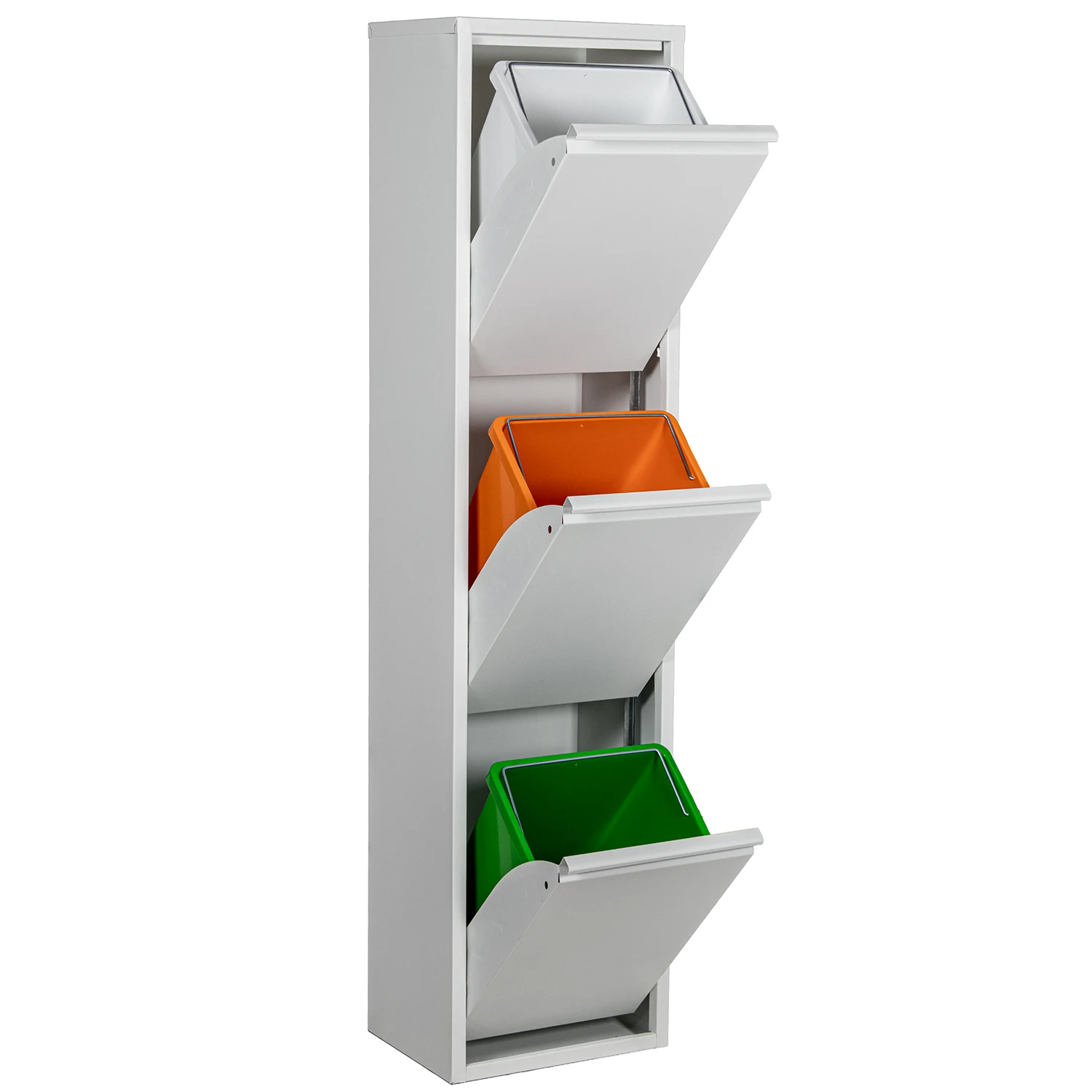 Papelera reciclaje 3 cubos metal blanco 34x25x135cm