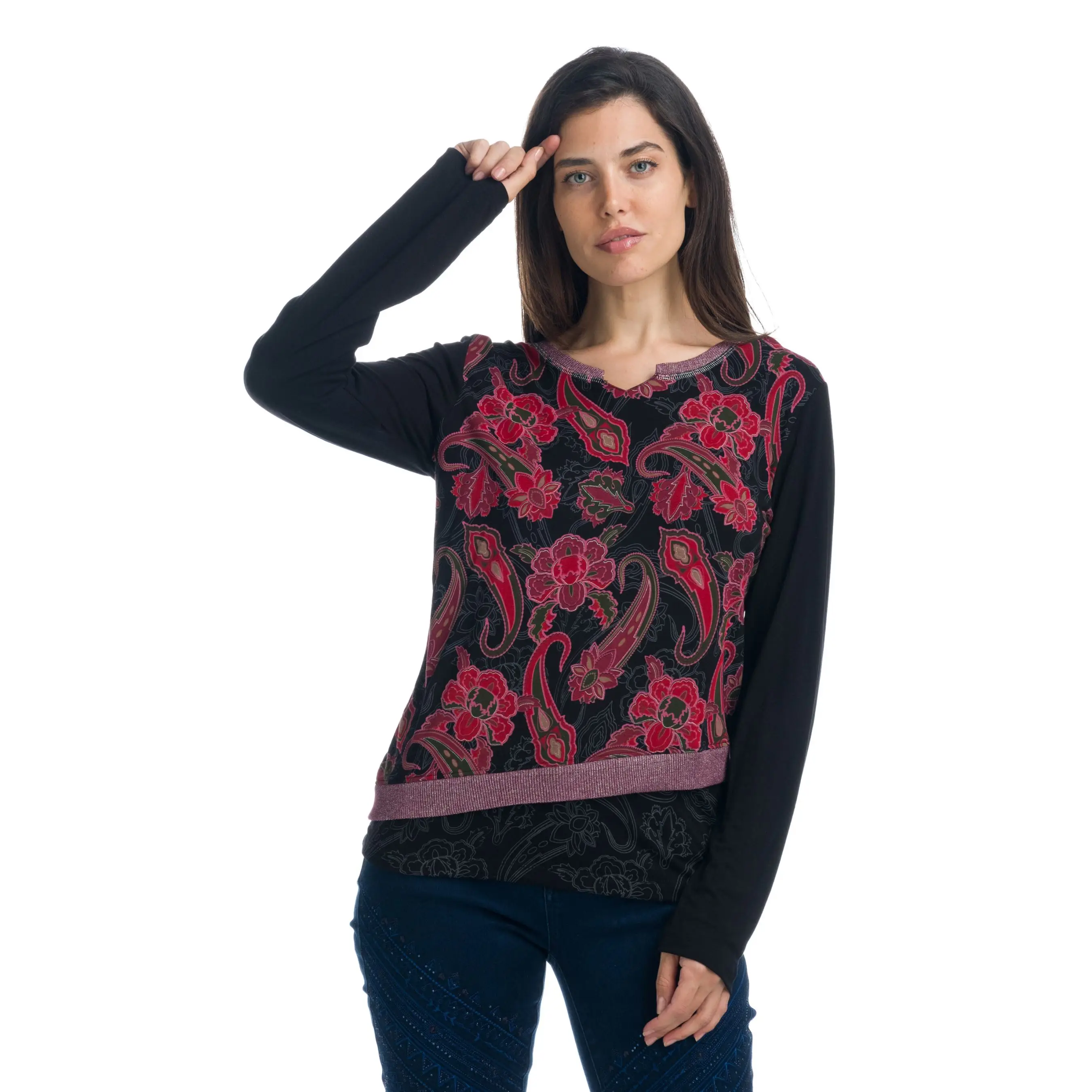 Koroshi - Camiseta manga larga mujer estampado paisley floral con escote corazón y faldón, 100% viscosa fluida para look diario elegante