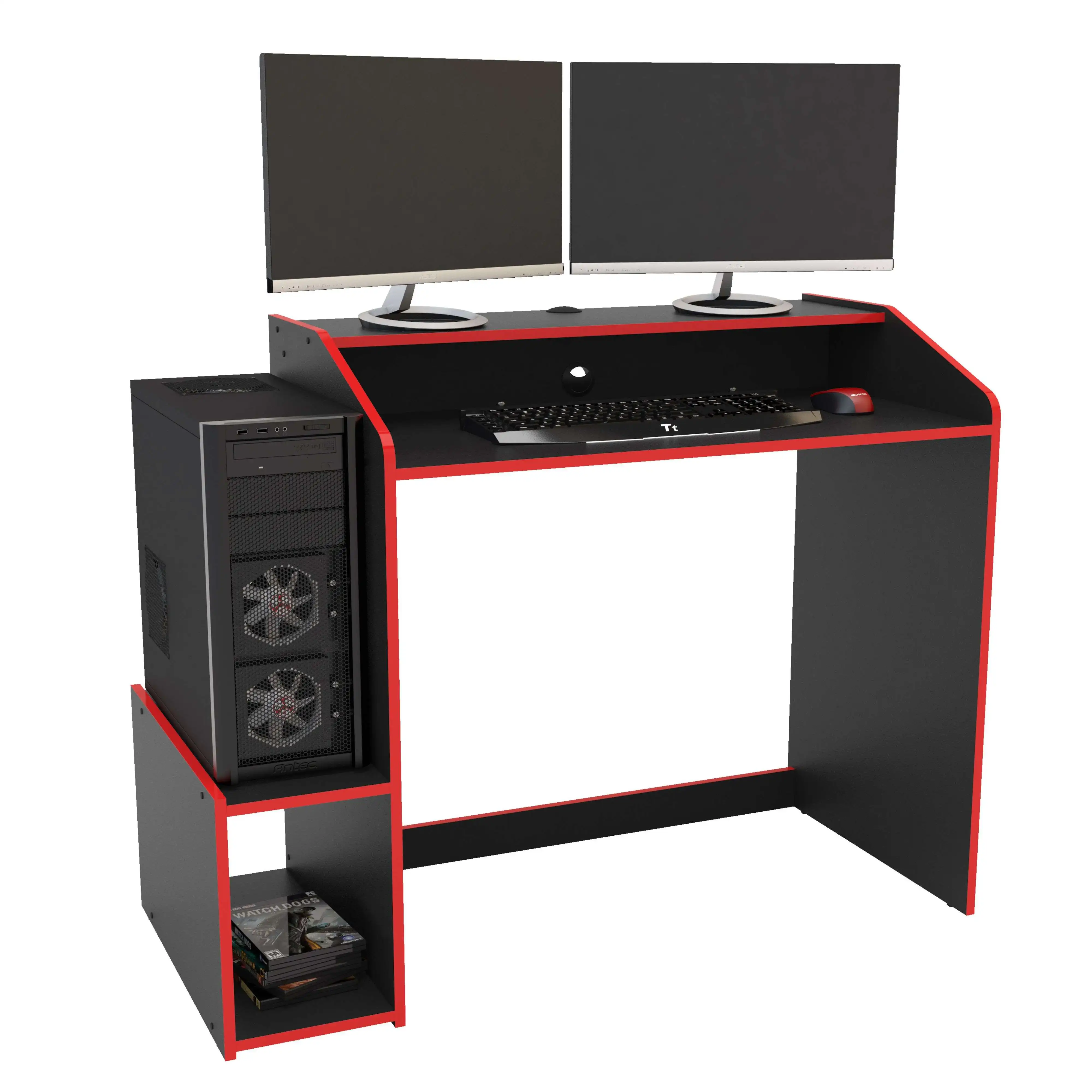 Black and red Gamer table modern style 116 cm 1 shelf with melamine screen loft