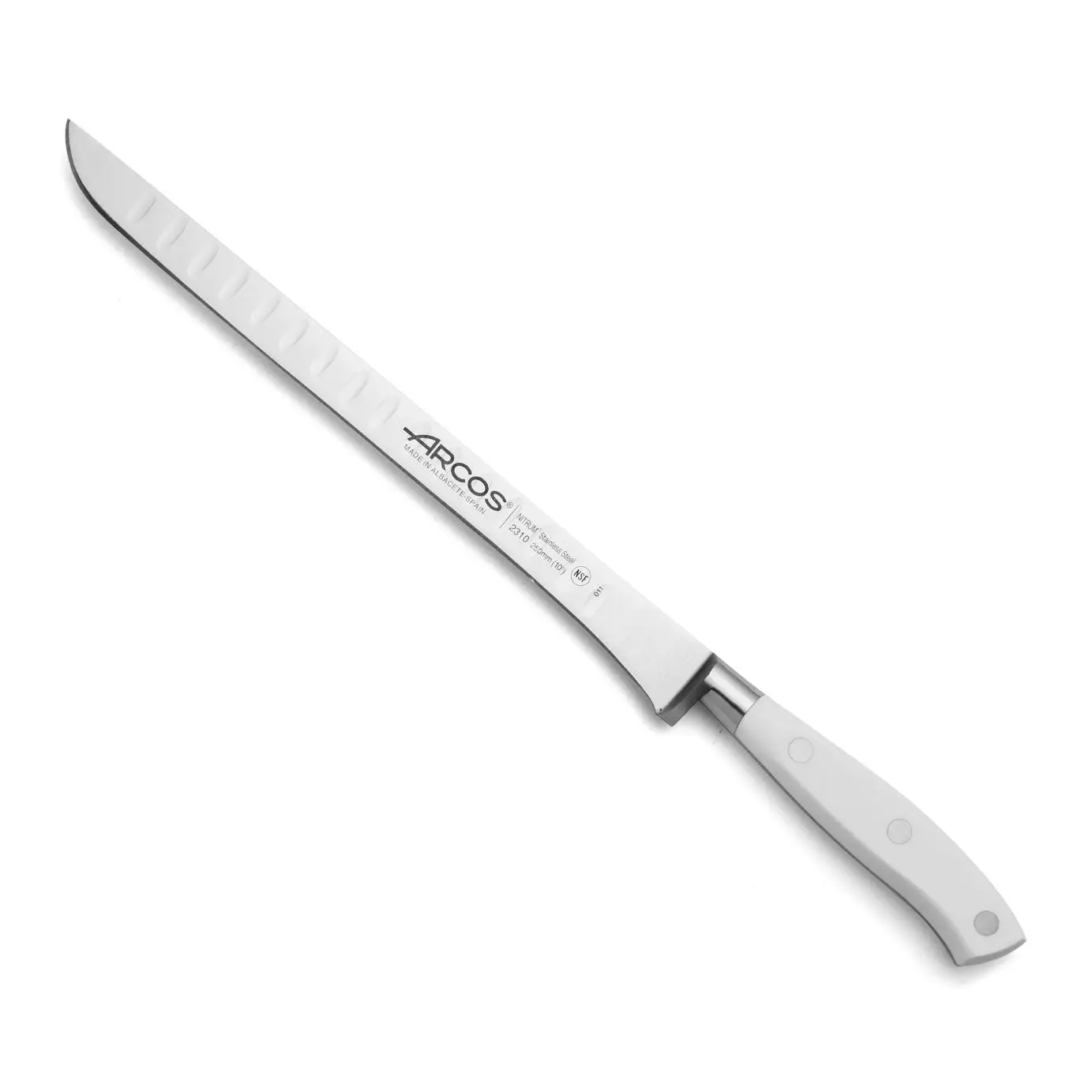 Arcos Blanco Cuchillo Trinchar / Jamonero Forjado Con Hoja Acero Inoxidable 250 Mm. Mango Ergonómico Polioximetileno Pom. Serie Riviera Blanc. Hoja Delgada Con Un Borde Suave Característico. Color